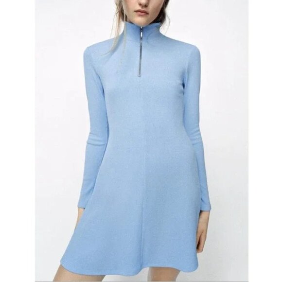 Zara Light Blue Ribbed Long Sleeve Dress - Picture 1 of 7